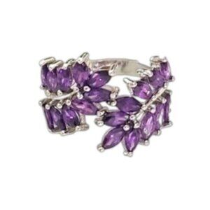 Beautiful Costume Silver Plated Chunky Amethyst Purple Stone Leaf Cocktail Ring